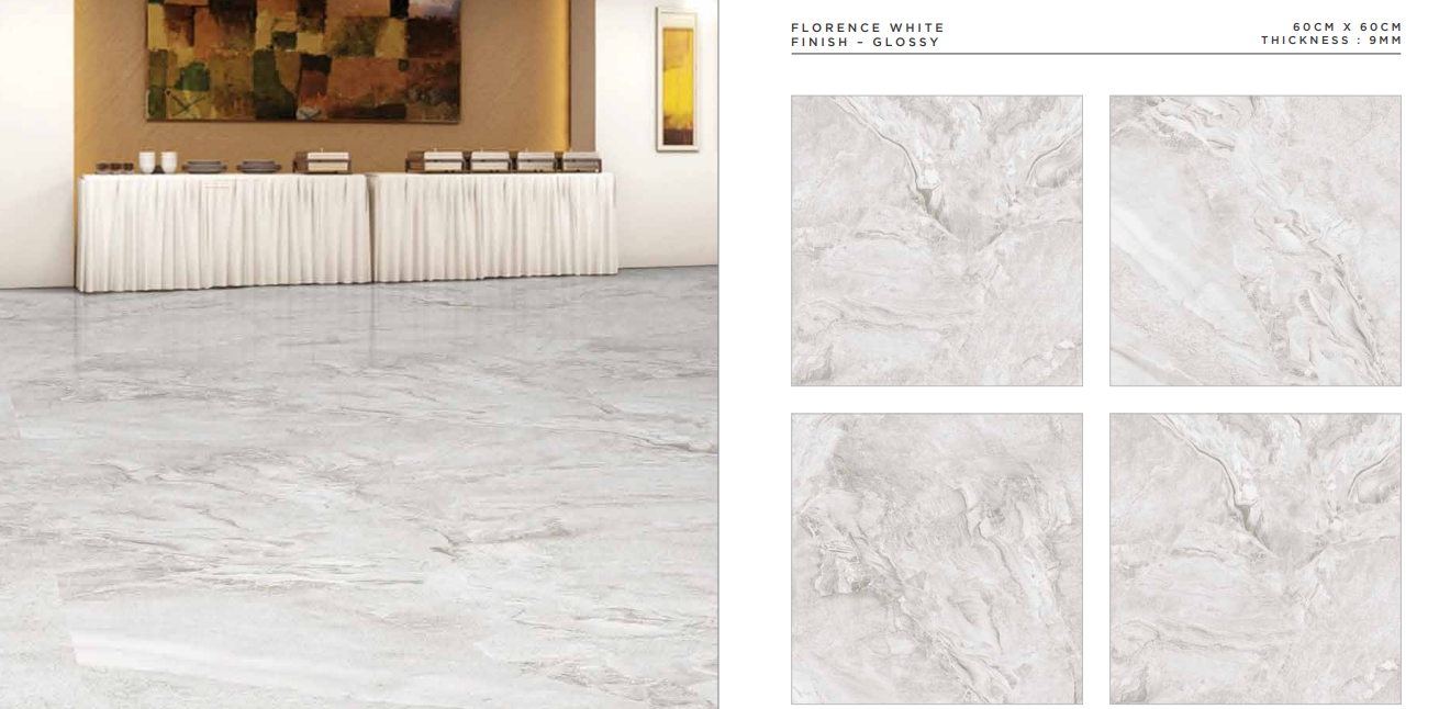 BRAND NEW GLOSSY FLORENCE WHITE 60X60 PORCELAIN TILE. PRICE PER SQM