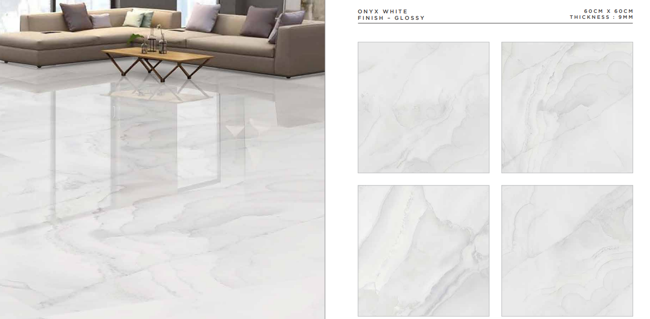 BRAND NEW ONYX WHITE GLOSSY 60X60 PORCELAIN TILE. PRICE PER SQM
