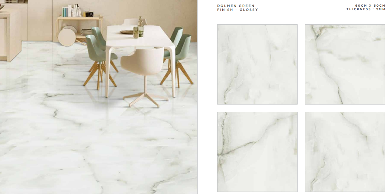BRAND NEW DOLMEN GREEN 60X60 PORCELAIN TILES WITH A GLOSSY FINISH. PRICE PER SQM